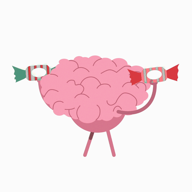an animated GIF of a digitally drawn brain; the brain is lifting two pieces of candy like dumbbells and dancing