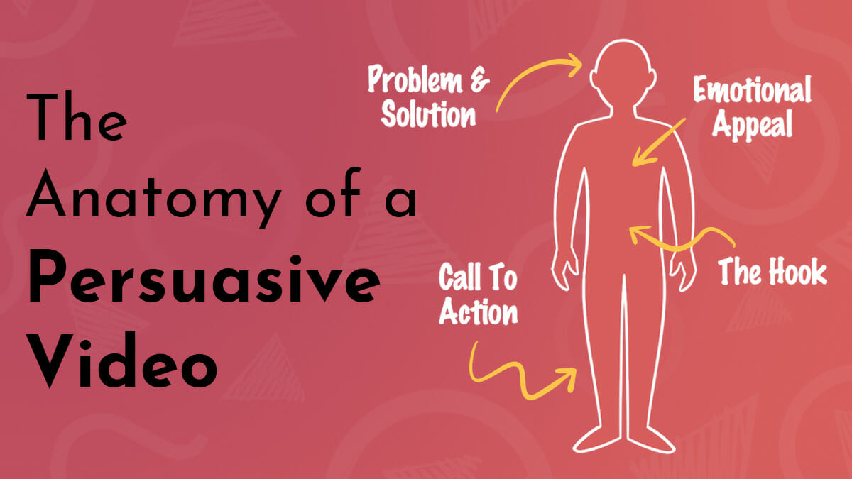 Title graphic, reads 'The Anatomy of a Persuasive Video' in black text on a deep red gradient background featuring NDA logos in transparent fade. a Digital drawing of a human outline is beside the text, with arrows pointing to different body parts like an anatomy diagram. They read, "Problem & Solution' (the head), "Emotional Appeal" (the heart), "Call to Action" (the feet) and "The Hook" (the stomach.)