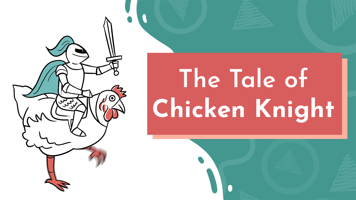 A GIF drawn in the whiteboard style, featuring NDA mascot Chicken Knight. A chicken runs with a knight hoisted on his back weilding a sword. title graphic reads 'The Tale of Chicken Knight' in white letters on a turquoise and red background.