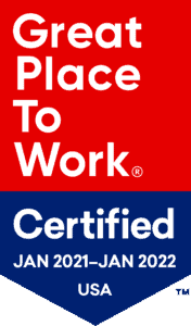 Great Place to Work badge: a red and blue badge that reads 'certified Jan 2021-Jan 2022, USA' and features the GPTW logo[tm]