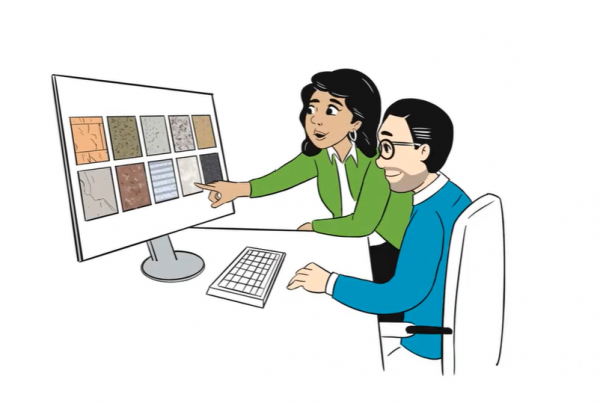 A still from the Clark Pacific video; two characters view a web page together, assessing different building facade styles