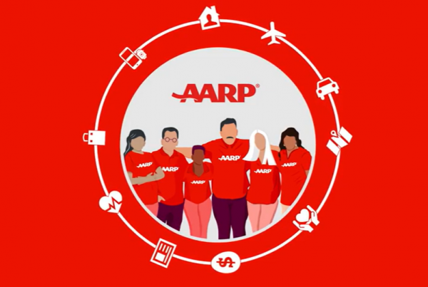 A screenshot from AARP's video; a digital drawing of AARP employees standing together