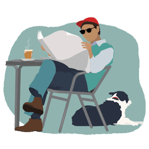 A man with a red hat sits on a patio, enjoying a coffee and the presence of his pup at his feet.