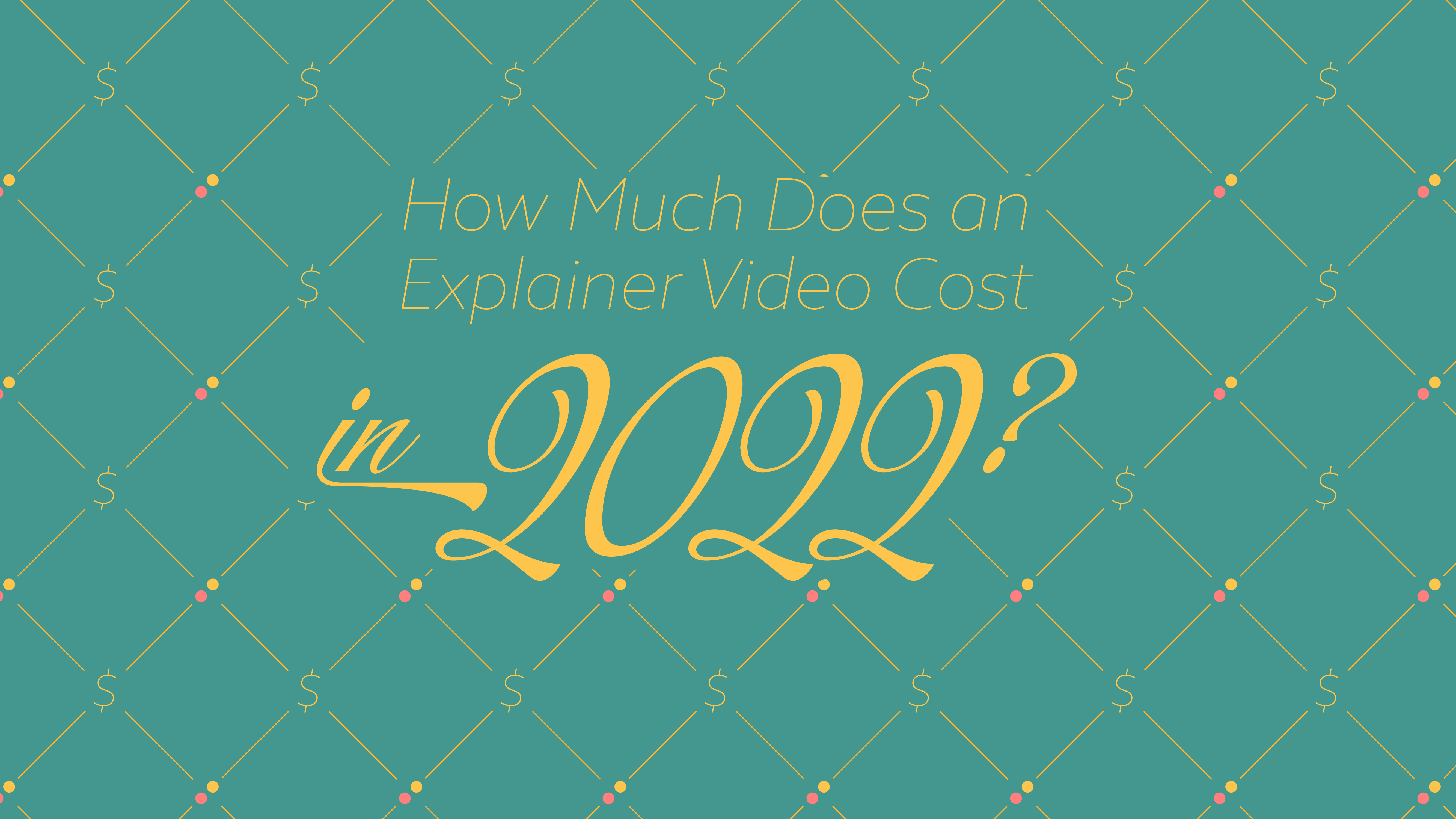 Turquoise background with gold detailing, made up of polka dots and dollar signs; title image reads 'How Much does an Animated Explainer Video Cost in 2022?"