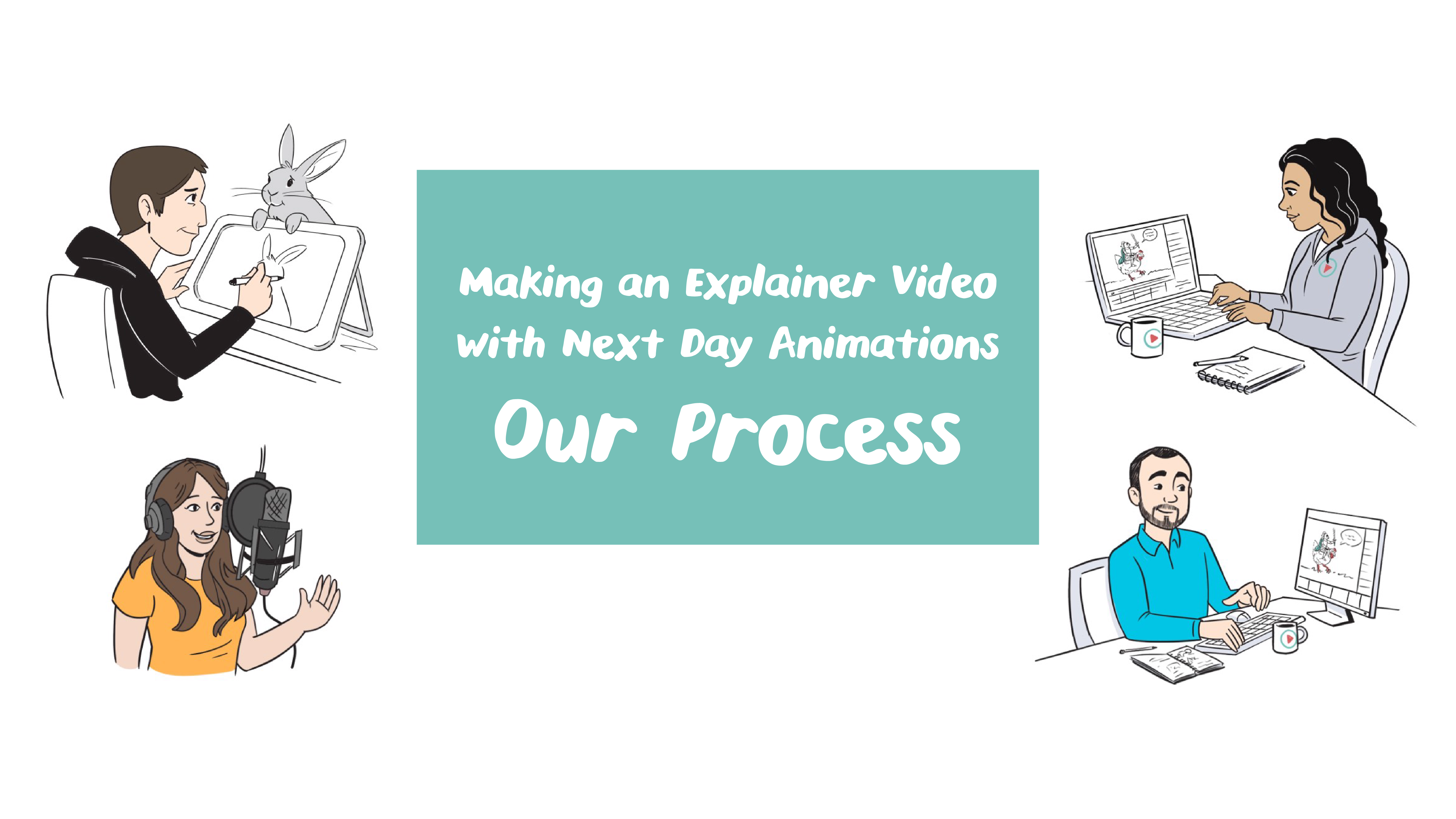 The title of the blog i (Making an Explainer Video with Next Day Animations: Our Process)s centered in white font on a turquoise background; the title is surrounded by sweet, animated depictions of our Next Day team completing the different steps of our process; an illustrator draws, a voiceover artist records, and producers manage projects