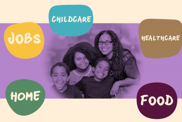 A screenshot from the Imagine LA video - a picture of a happy family smiles, surrounding them, key resources are written out in bubbles. "Home" "Jobs" "Childcare" "Healthcare" "Food"