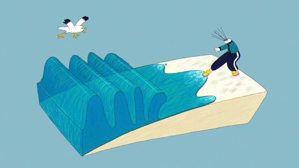 A GIF of a person interacting with a wave; a seagull flies overhead