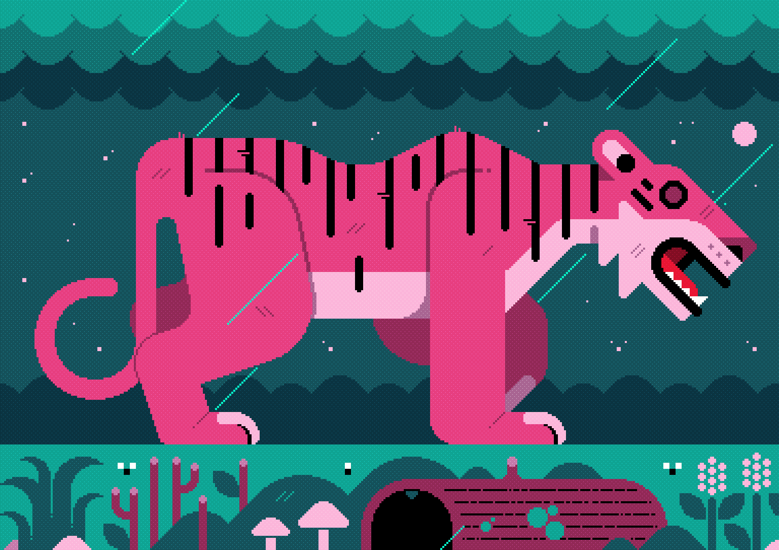 a hot pink tiger prowls in an animated jungle, with stormy rainclouds above and spooky forest flora on the ground beneath them..