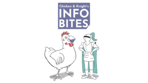 Chicken and Knight stand beneath a sign that reads 'C&K's Info Bites'; the sign has a chunk bitten out of it, which is inside the Chicken's mouth