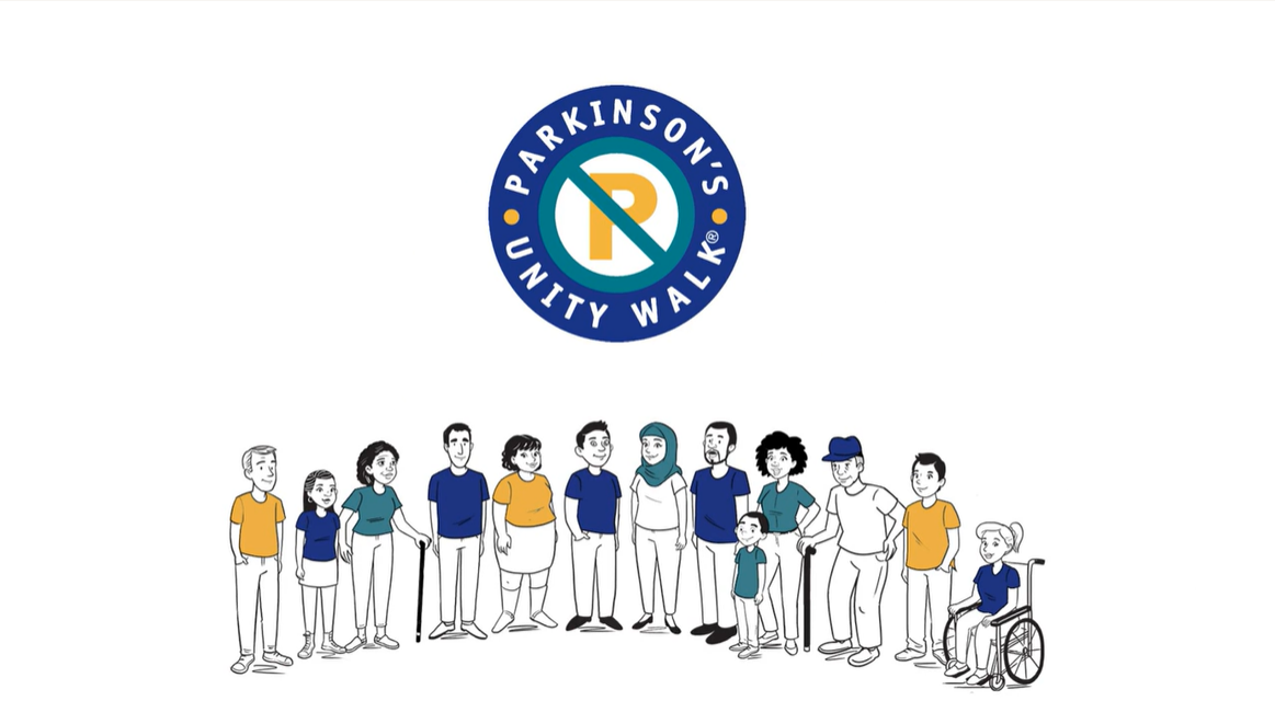 a community of people gather beneath the 'Parkinson's Unity Walk' logo