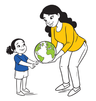 A young woman passes a globe to a small child