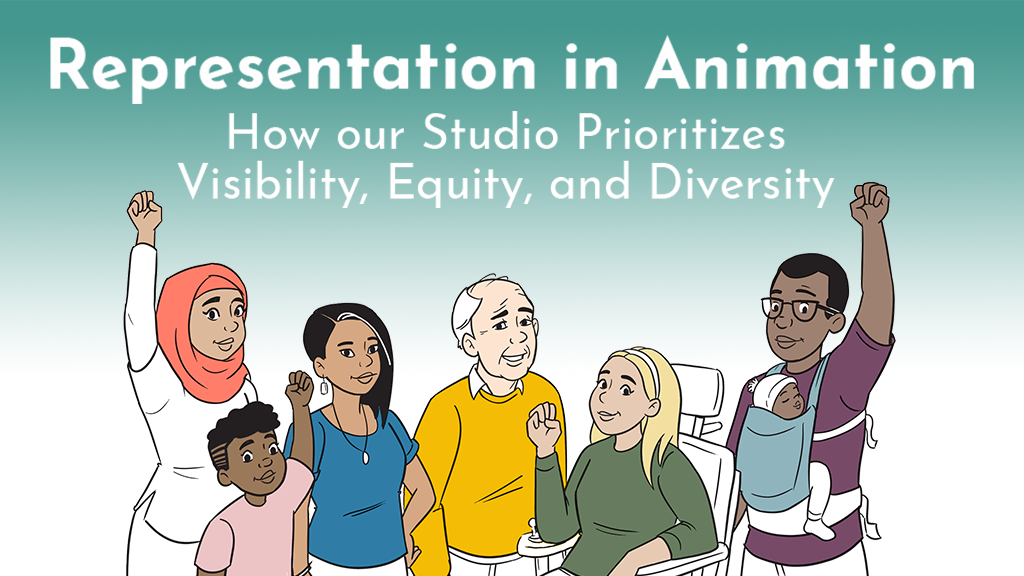 A title image; 'Representation in Animation' reads as the title in white, with a subtitle below: "How our Studio Prioritizes Visibility, Equity and Diversity.' Beneath the titles stand 6 people together with their fists raised. The group of people are reflective of the real world population in their ability, age, culture and skin tone.