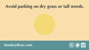 A GIF with a still from the above video; a truck demonstrates why you should avoid parking on dry grass or tall weeds.