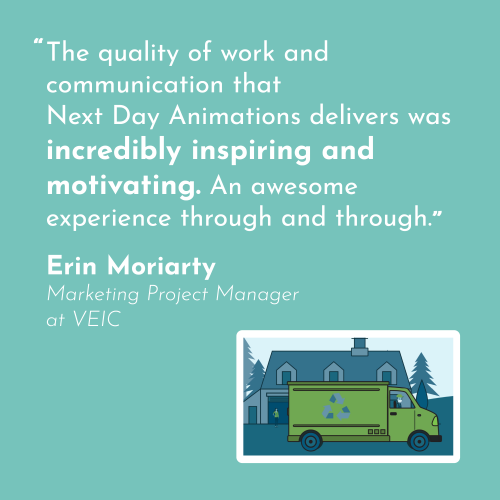 a quote in white on a turquoise background, "The quality of work and communication that Next Day Animations delivers was incredibly inspiring and motivating. An awesome experience through and through." Erin-Moriarty