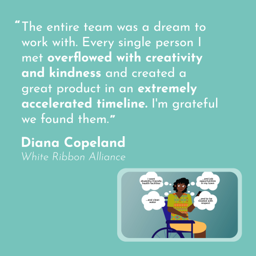 a quote in white on a turquoise background "The entire team was a dream to work with. Every single person I met overflowed with creativity and kindness and created a great product in an extremely accelerated timeline. I'm grateful we found them." -Diana Copeland