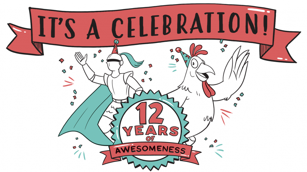 NDA Mascots Chicken & Knight stand together in party hats amidst celebratory confetti; behind them, a banner reads 'It's a Celebration'. In front of them, an emblem reading "12 Years of Awesomeness"