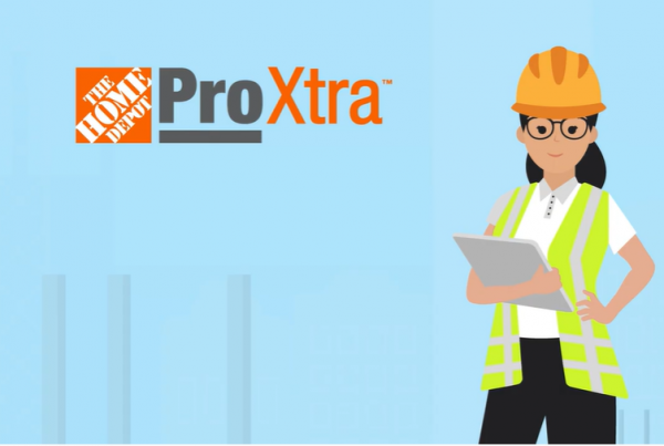 A screenshot from Home Depot's video; a digital drawing of a woman in construction uniform; the Home Depot ProXtra logo