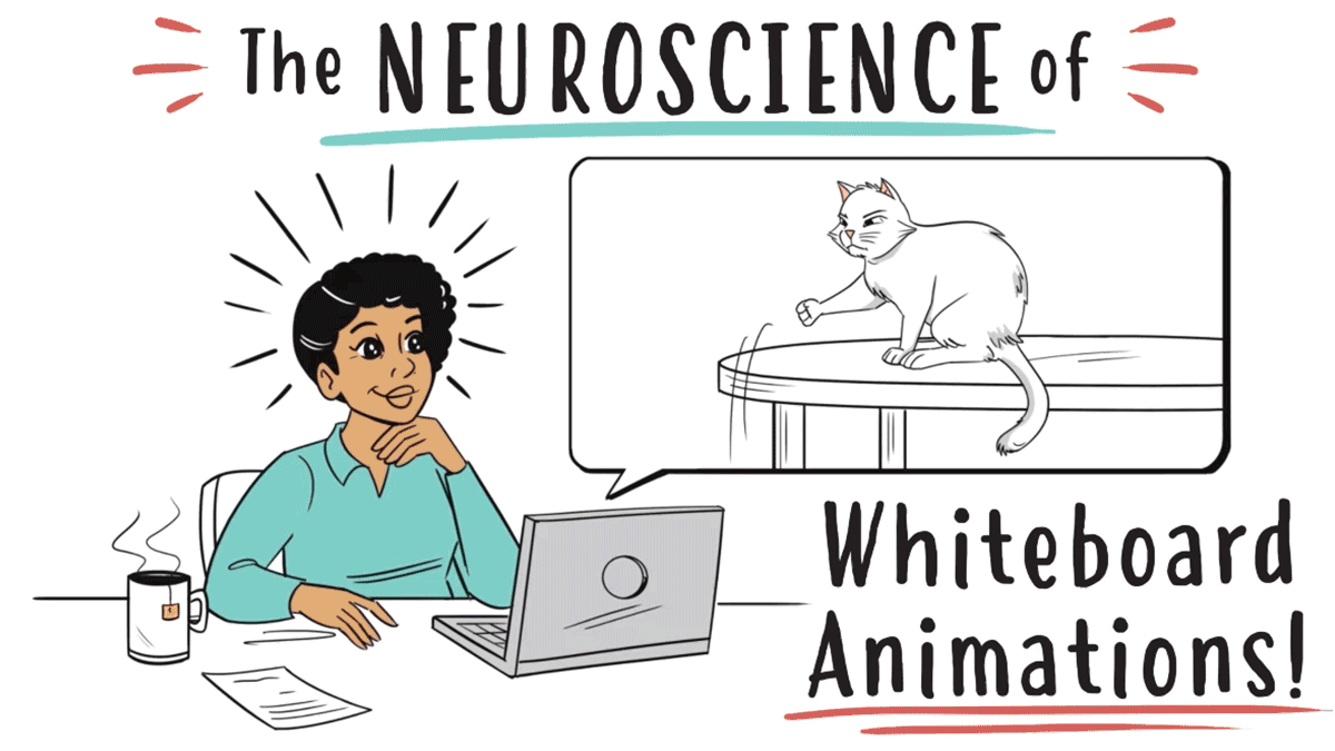 an animated GIF of a woman watching a video on a laptop; as her expectations are fulfilled she is pleased. title reads 'The Neurosciencce of Whiteboard Animation'