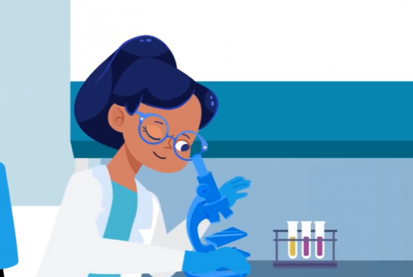 A still from Mesa Labs' video; a scientist looks into a microscope while spore samples sit beside her; 2D Vector animation