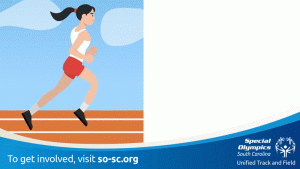 A GIF, digitally drawn, from Special Olympics' video; a young athelete jogs on a track while characteristics of the Unified Schools program appear. Special Olympics branding covers the frame.