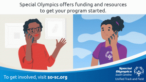 A GIF, digitally drawn, from Special Olympics video. Two people talk over the phone about the Special Olympics programming. Special Olympics branding covers the frame.