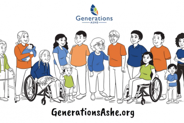 A still from the Generations Ashe video; a diverse community of Generations Ashe members stand together