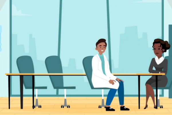 Still from Grady Health's training module; a doctor sits with a supervisor in a glass office, having a conversation. 2D Vector style animation.