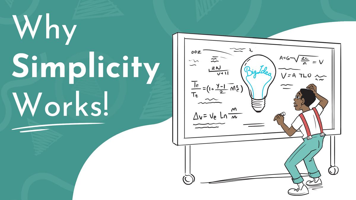 blog title graphic; a digital drawing of a young man struggling in front of a giant whiteboard covered in mathematical equations. he looks disheveled; in the center of the board is a big lightbulb that reads 'big idea.' the title reads 'Why Simplicity Works!'