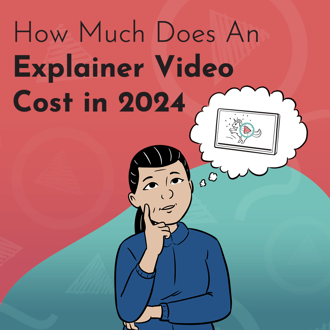 A title graphic reads "How Much Does an Explainer Video Cost in 2024" on a red and turquoise background made up with Next Day Animations logos. A whiteboard hand drawn figure is in the foreground, daydreaming about an explainre video.