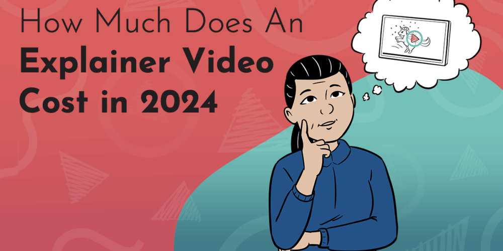 A title graphic reads "How Much Does an Explainer Video Cost in 2024" on a red and turquoise background made up with Next Day Animations logos. A whiteboard hand drawn figure is in the foreground, daydreaming about an explainre video.