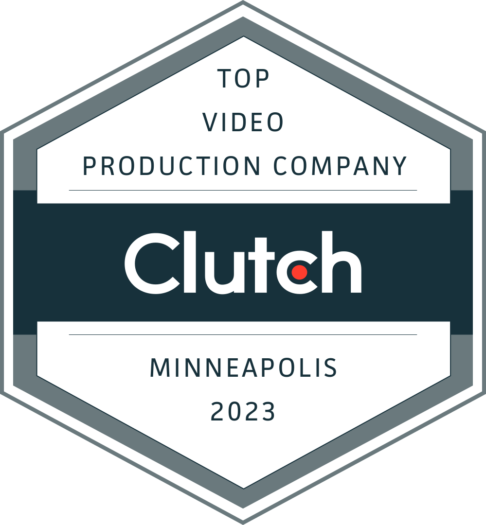 Badge from Clutch.co; reads 'Top Video Production Company: Clutch: Minneapolis 2023"