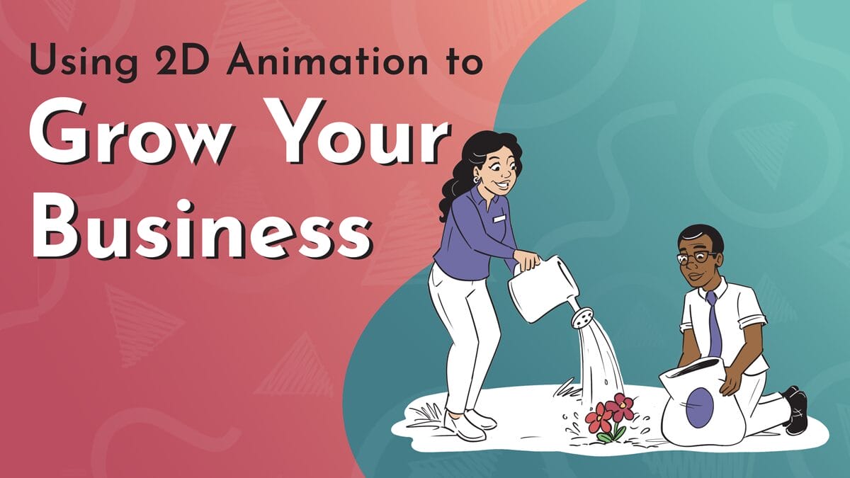 Title graphic reads 'Using 2D Animation to Grow Your Business" in Josefin Sans. A digitally drawn graphic shows two happy characters watering a garden. NDA logos and brand colors swirl in the background.