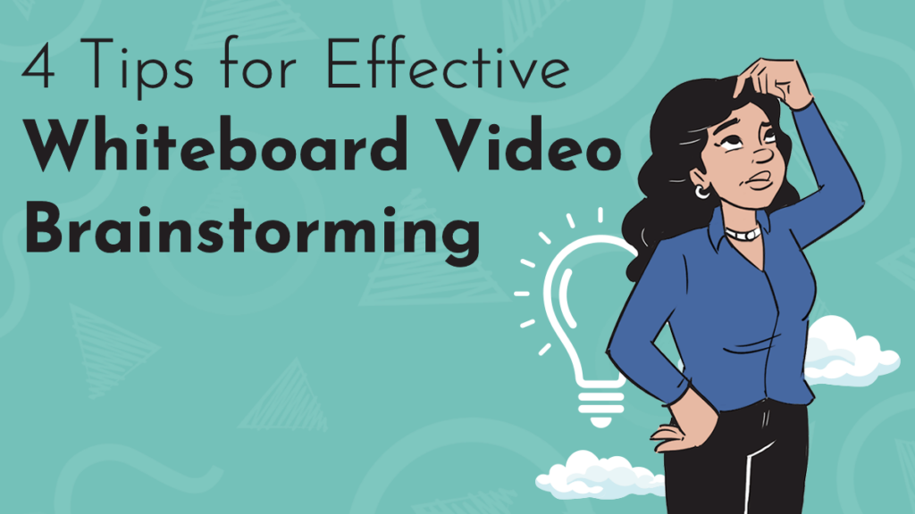 A title graphic reads, "4 Tips for Effective Whiteboard Video Brainstorming." A digital drawing in NDA's whiteboard hand-drawn style is a woman scratching her head and looking to the sky in thought. Behind her is a lightbulb and a few clouds.