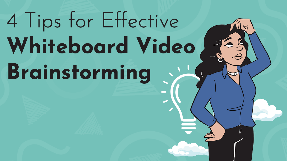 A title graphic reads, "4 Tips for Effective Whiteboard Video Brainstorming." A digital drawing in NDA's whiteboard hand-drawn style is a woman scratching her head and looking to the sky in thought. Behind her is a lightbulb and a few clouds.