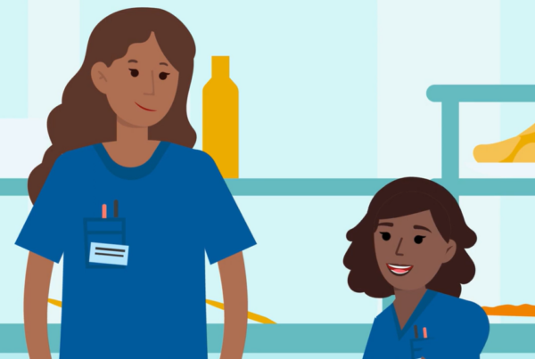 A still from the Grady Health video; in a 2D animated style, two healthcare workers converse