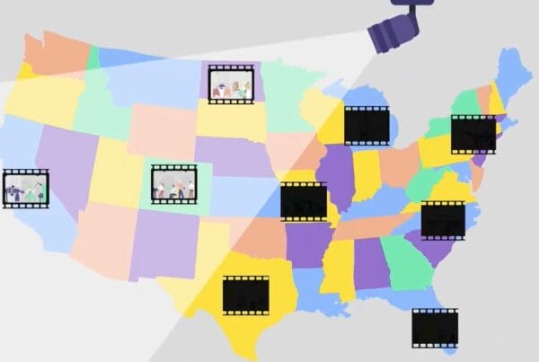 A still from Free the Work's Explainer Animation; in a 2D Animated Style, a colorful map of the United States is scene filled with film strips representing video production across the nation