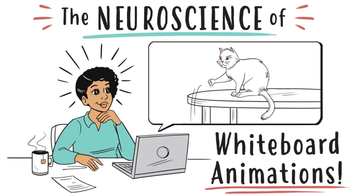 A whiteboard animation of a young woman watching a video on her laptop. on the screen, a white cat knocks something off a table. The young woman has sparkles in her eyes and excitement marks around her head, excited by what she is seeing. the title reads 'The Neuroscience of Whiteboard Animations!"