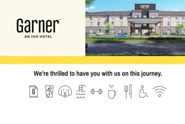 A screenshot from Next Day Animations explainer video for IHG Garner hotels. an image of the hotel is beside the Garner logo.