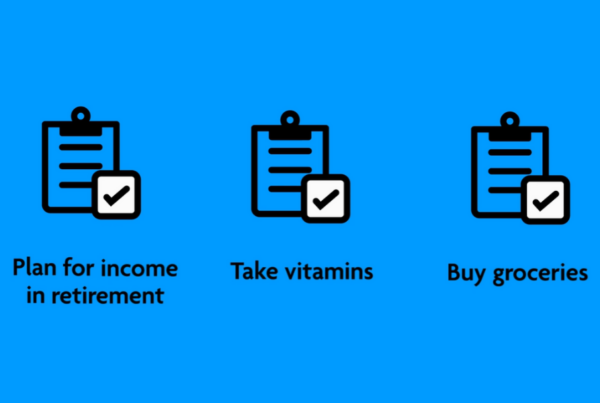 A screenshot from the 2D Animation created by Next Day Animations for the TIAA. Three checklist icons on a rich blue background, beneath them captions that say "plan for income retirement, take vitamins and buy groceries"
