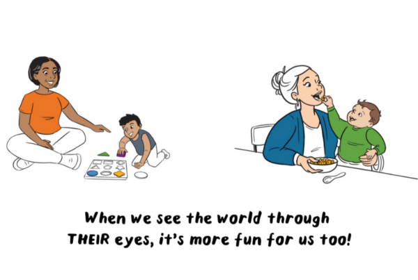 A still from the Whiteboard Explainer Video for SCO Services: two hand-drawn whiteboard scenes are features, two caregivers with their children smiling and playing. it reads 'When we See the world through their eyes, it's more fun for us too!"