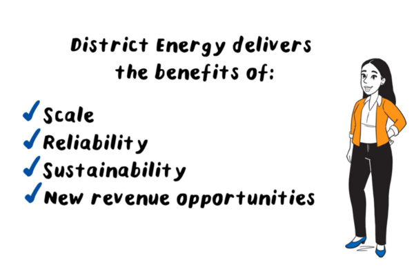 A still from the Enwave Energy Whiteboard Video; it features a woman standing beside a list that reads "District Energy delivers the benefits of scale, reliability, sustainability, and new revenue opportunities"