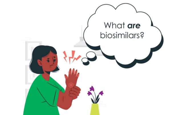 A still from the Arthritis Foundation 2D Video; it features a woman drawn in a custom 2D style, holding her wrist in pain and wondering "what ARE biosimilars?"