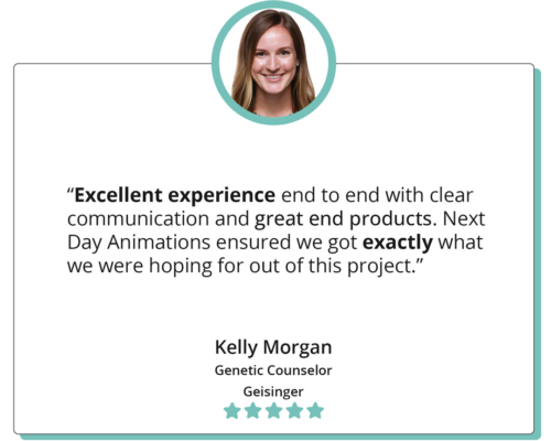 A quote reads "Excellent experience end to end with clear communication and great end products. Next Day Animations ensured we got exactly what we were hoping for out of this project." Kelly Morgan, Genetic Counselor, Geisinger; the quote is accompanied by a headshot of Kelly.