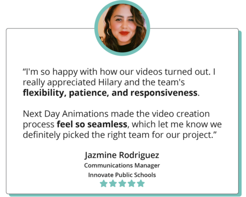 A quote reads "I'm so happy with how our videos turned out. I really appreciated Hilary and the team's flexibility, patience, and responsiveness. Next Day Animations made the video creation process feel so seamless, which let me know we definitely picked the right team for our project." Jazmine Rodriguez, Communications Manager, Innovate Public Schools; the quote is accompanied by a headshot of Jazmine.
