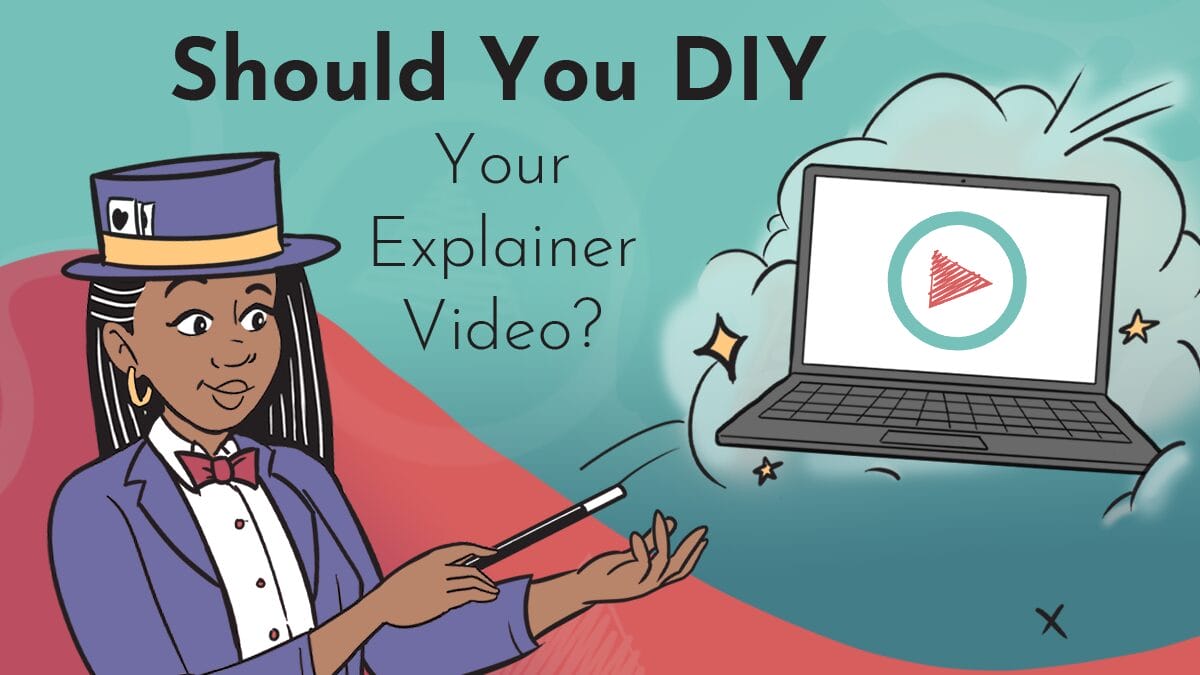Title graphic reads: "Should You DIY Your Explainer Video?" on a red and turquoise background featuring Next Day Animations logos; a character drawn in whiteboard style wears a magician's hat and performs magic on a floating laptop (which features the Next Day Animations logo)