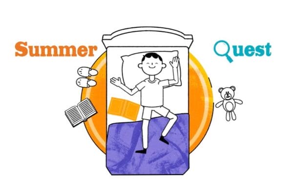Screenshot from the Berks County Library Explainer Video from Next Day Animations; Whiteboard style young kid is dreaming on a bed beside a pile of books and the Summer Quest logo surrounds the scene