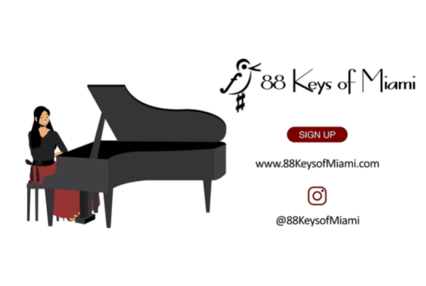A still from the 88 Keys of Miami 2D Explainer Video; a teacher character hand-drawn in animation sits at a grand piano smiling; the 88 Keys of Miami logo is featured along with calls to action for signing up for lessons