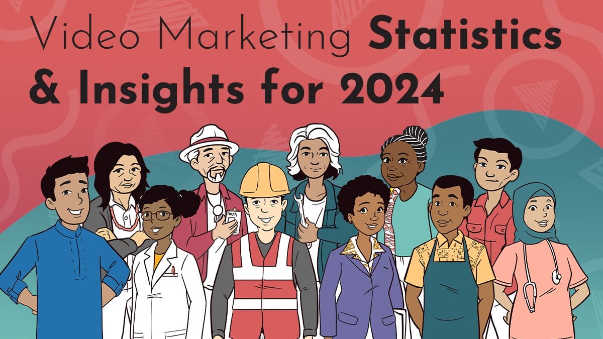 title graphic reads "Video Marketing Statistics & Insights for 2024"; in the Next Day Animations whiteboard style, hand drawn people stand together in a large group smiling; the background is comprised of Next Day Animations logos on a turquoise and red background