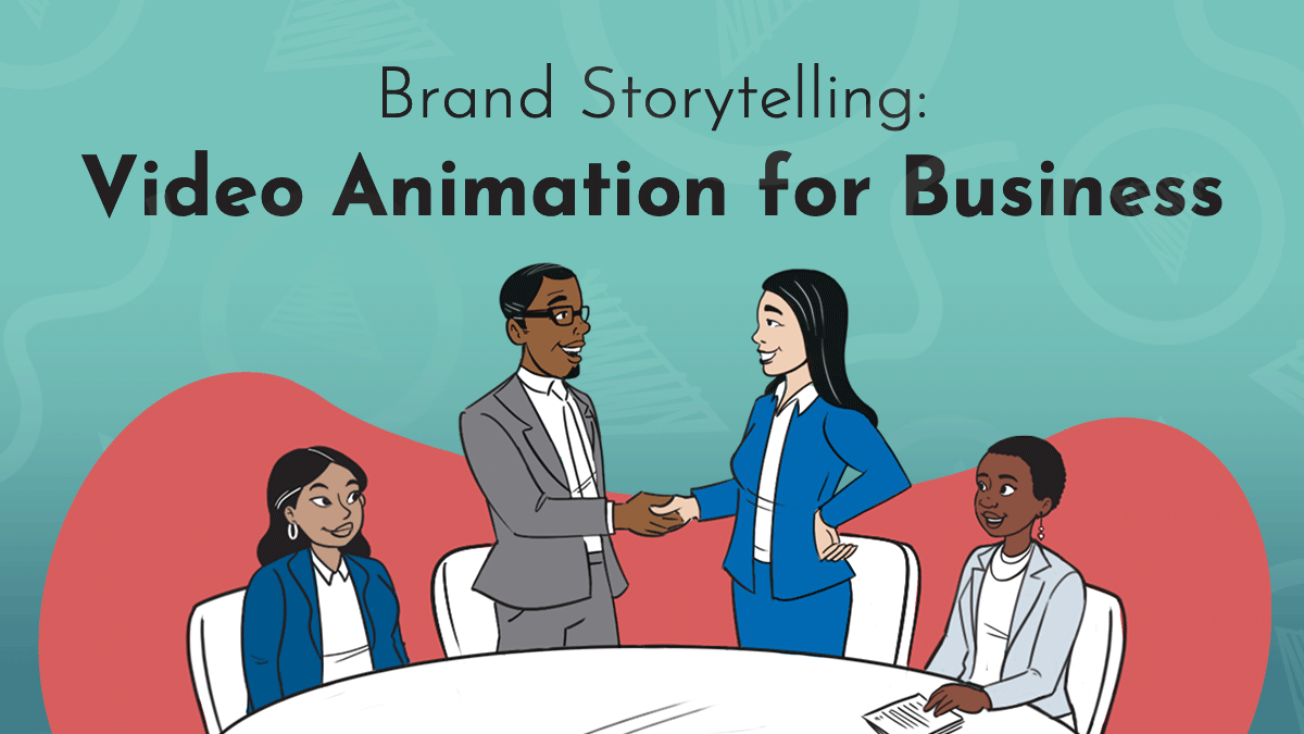 Title graphic reads "Brand Storytelling: Video Animation for Business" in black lettering on a background comprised of Next Day Animations logos; they are embedded on a turquoise and red background with hand drawn characters smiling while shaking hands in a business setting.