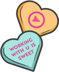 a digital drawing of Necco Sweethearts candy; they are orange and blue and read 'Working With U Is Sweet' and 'Next Day Animations'